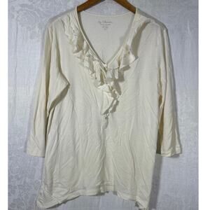 Chicos T Shirt 3 XL White Ruffle Collar Button Detail Pima Cotton Modal 3/4 Slv